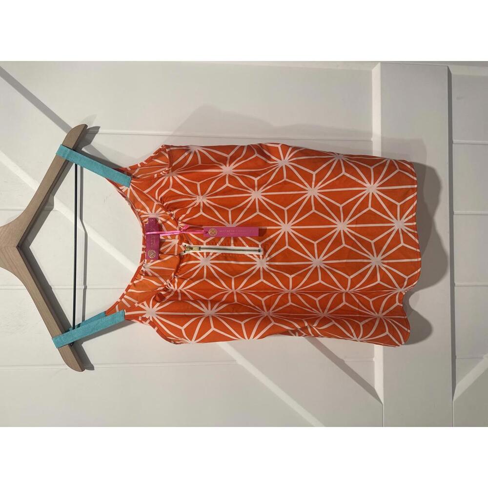 Macbeth Collection Orange & White Geometric Print Tank Top with Teal Straps